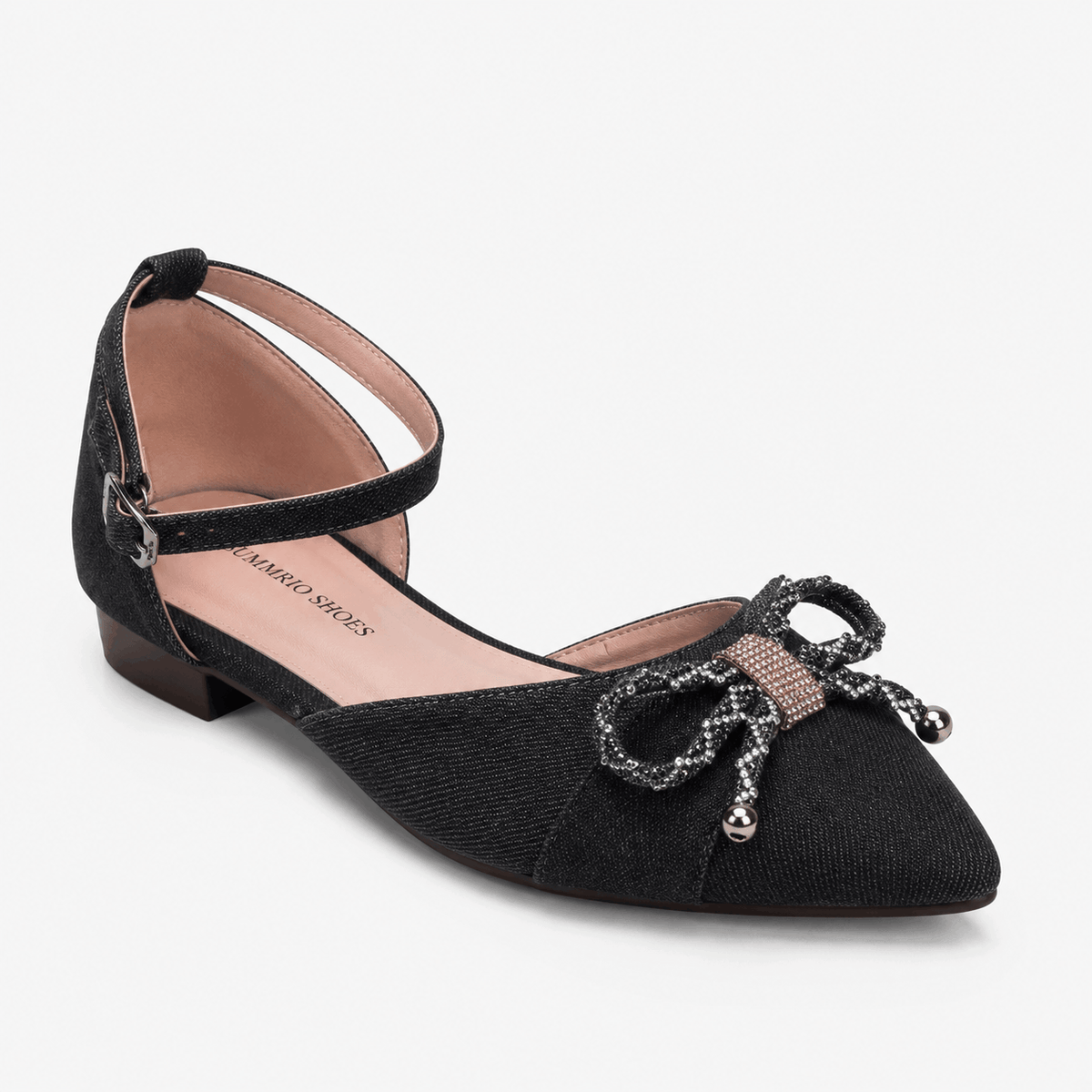 Black Textured Bow Flats in Black - view 1