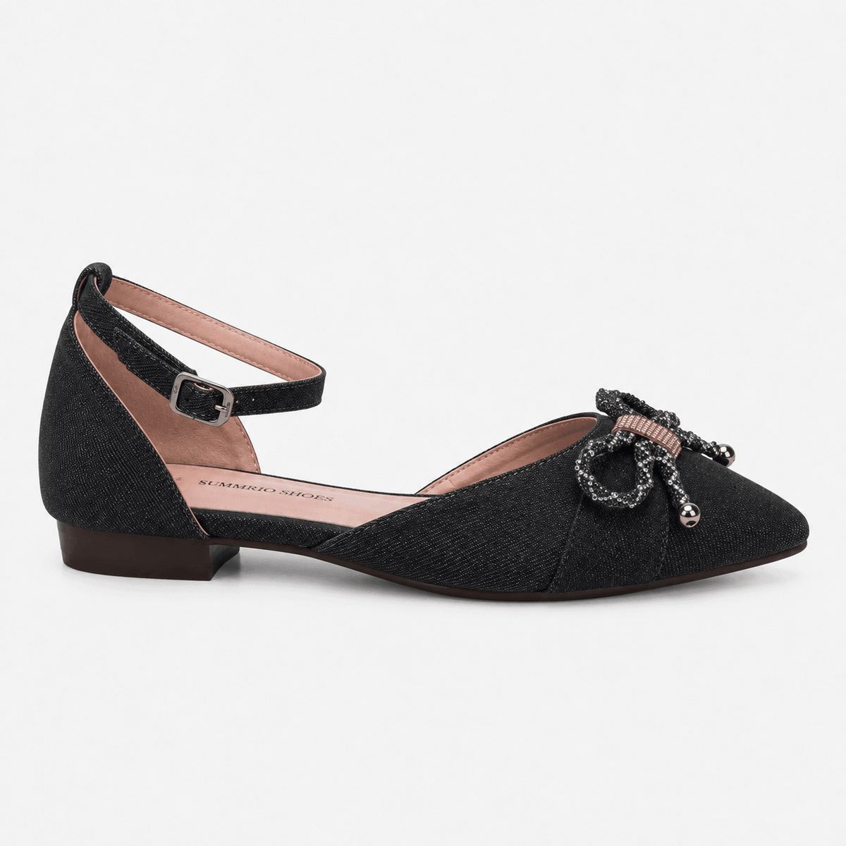 Black Textured Bow Flats in Black - view 2