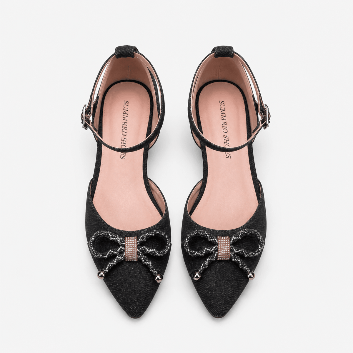 Black Textured Bow Flats in Black - view 3