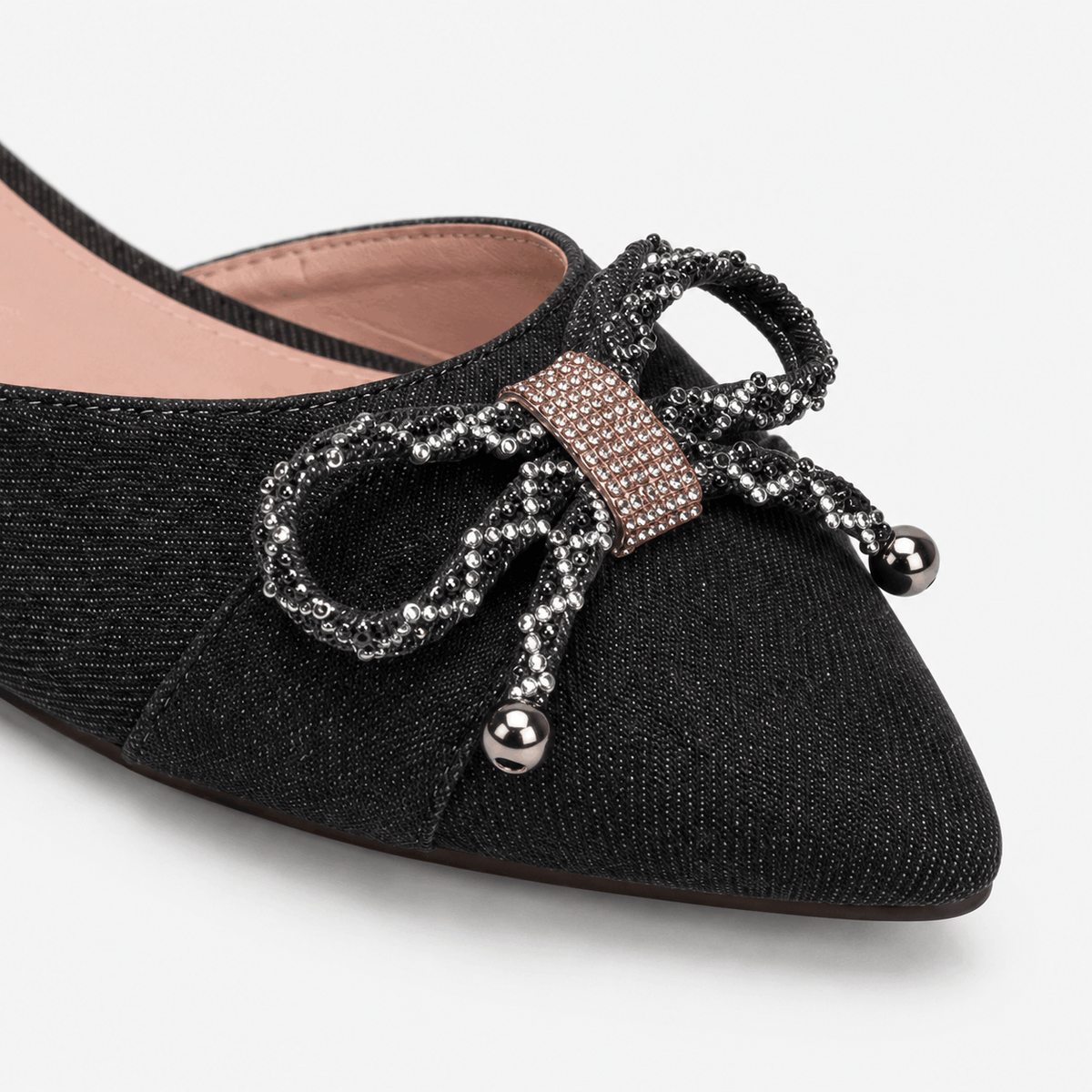 Black Textured Bow Flats in Black - view 6