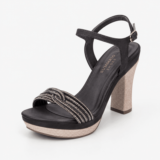 Black Strappy Block Heels in Black - view 1