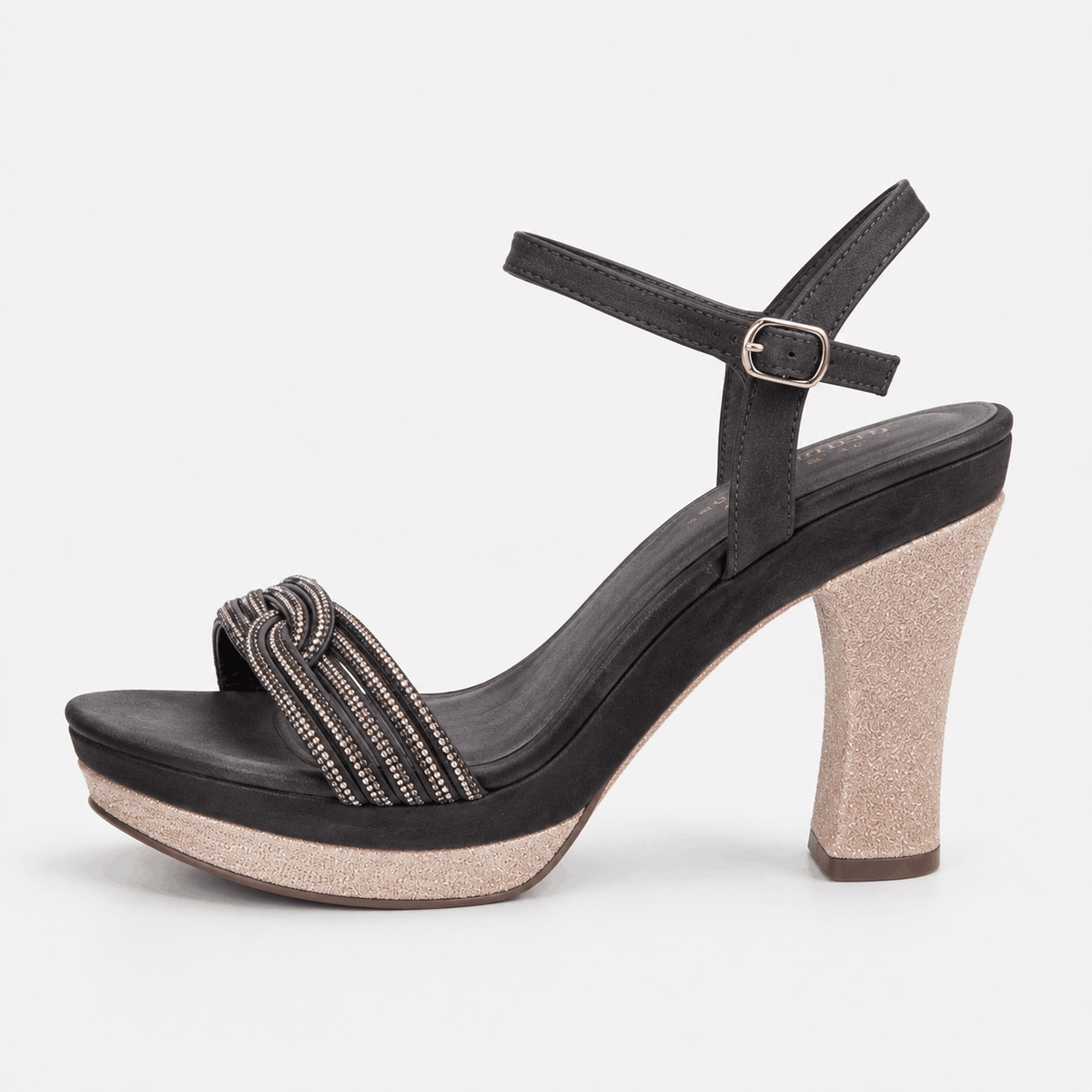 Black Strappy Block Heels in Black - view 2