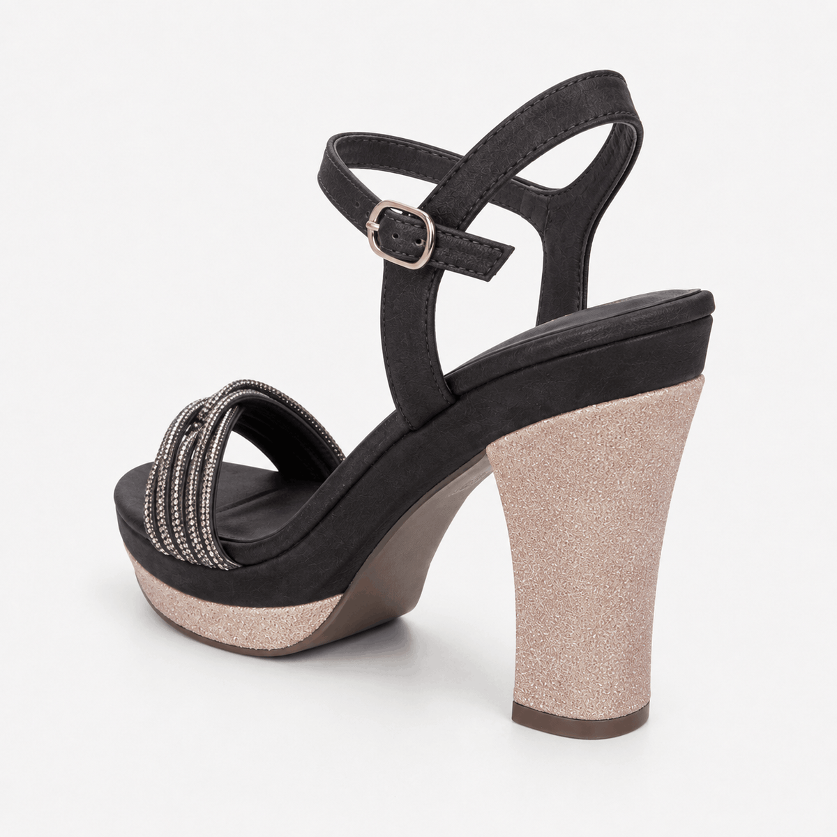 Black Strappy Block Heels in Black - view 4
