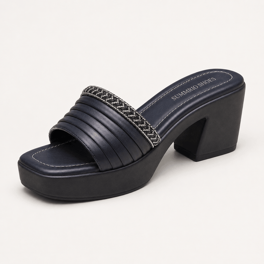 Navy Ribbed Mule Heels in Navy Blue - view 1