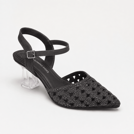 Black Cutwork Slingback Heels in Black - view 1